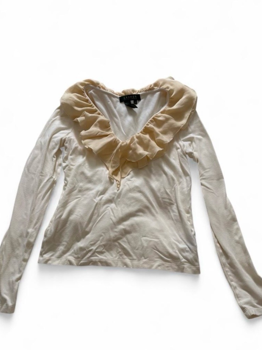 Ralph Lauren Cream Long Sleeve Top with Ruffle V-Neck